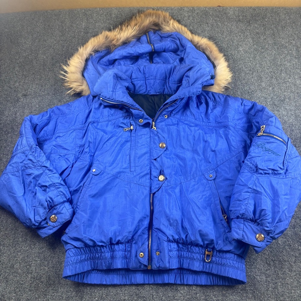 BOGNER Women’s Royal Blue Vintage Ski Winter Jacket w/Racoon Fur Hood Size: 10 - Picture 1 of 12
